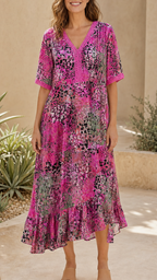 Women's Printed A Line Midi Dress | V Neck Crochet Trim Beach Dress