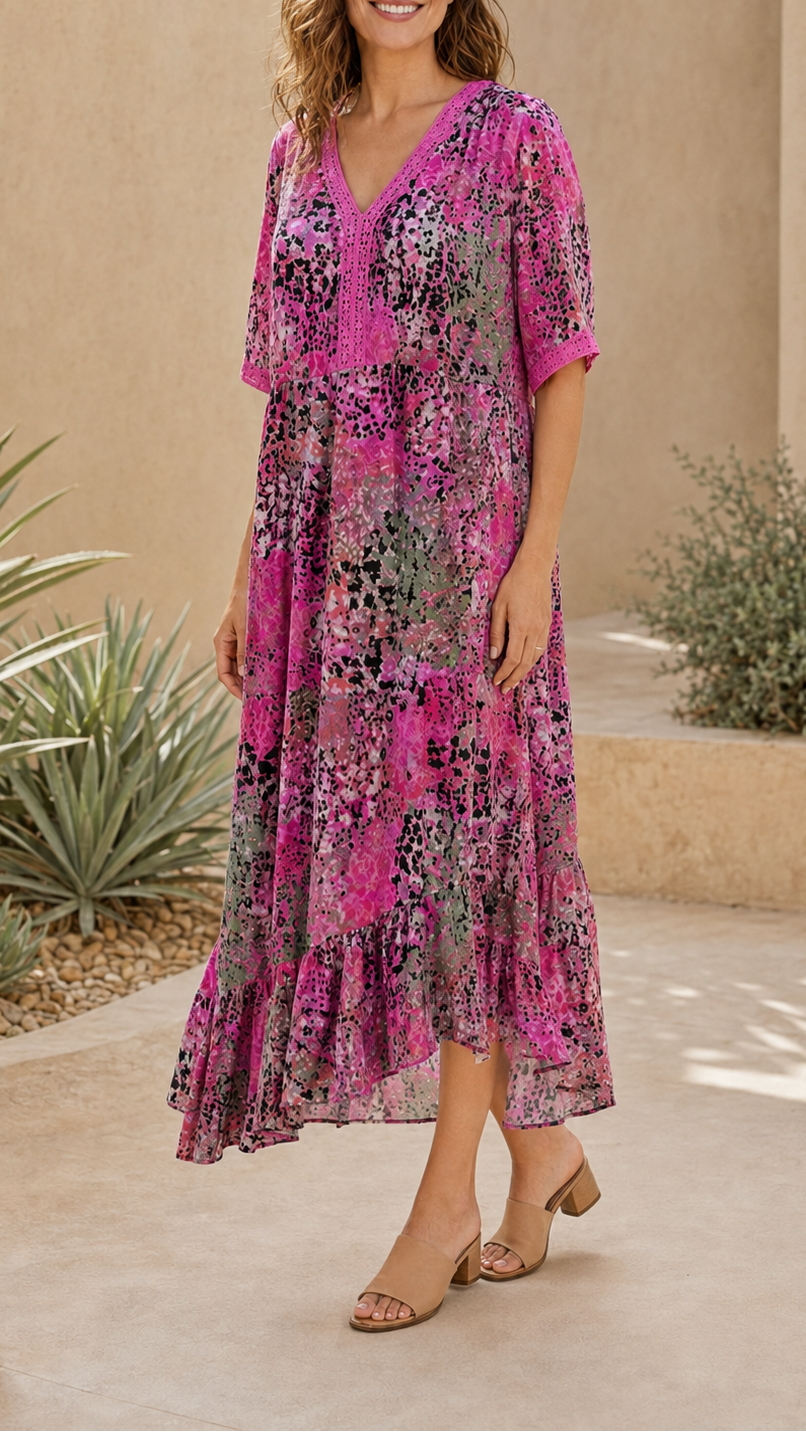 Women's Printed A Line Midi Dress | V Neck Crochet Trim Beach Dress