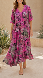 Women's Printed A Line Midi Dress | V Neck Crochet Trim Beach Dress