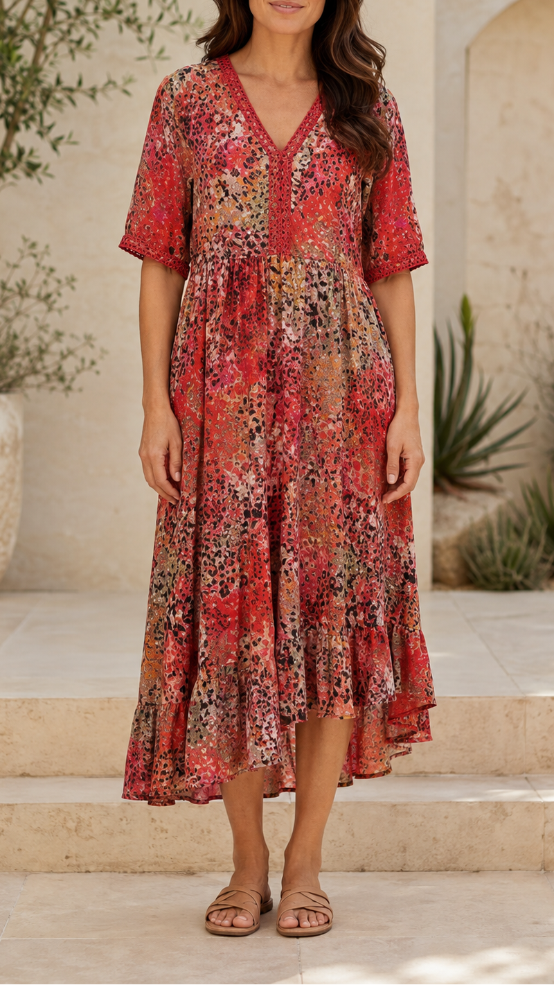 Women's Printed A Line Midi Dress | V Neck Crochet Trim Beach Dress