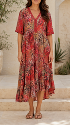 Women's Printed A Line Midi Dress | V Neck Crochet Trim Beach Dress