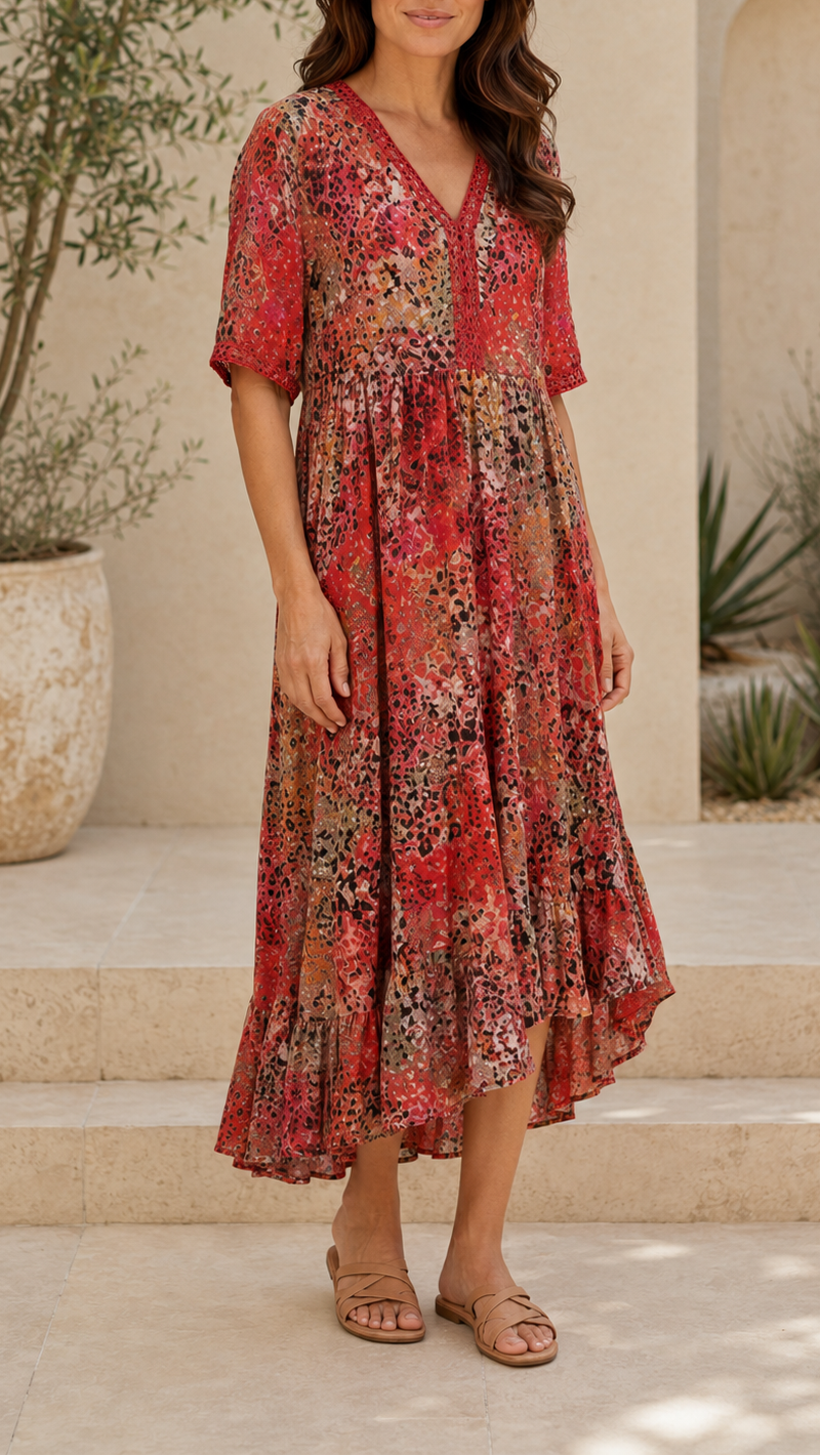 Women's Printed A Line Midi Dress | V Neck Crochet Trim Beach Dress