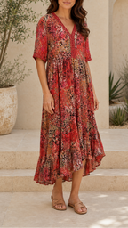 Women's Printed A Line Midi Dress | V Neck Crochet Trim Beach Dress