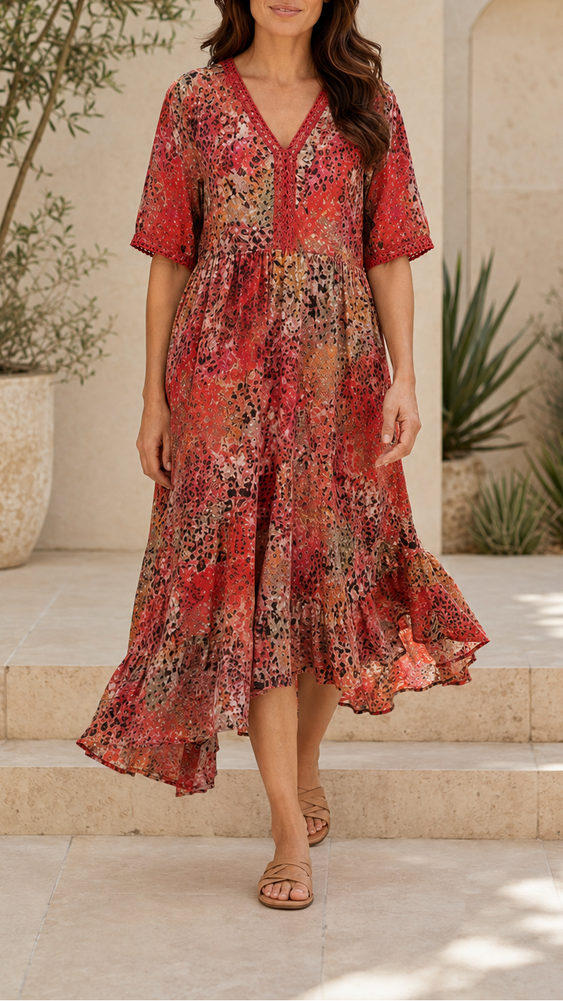Women's Printed A Line Midi Dress | V Neck Crochet Trim Beach Dress
