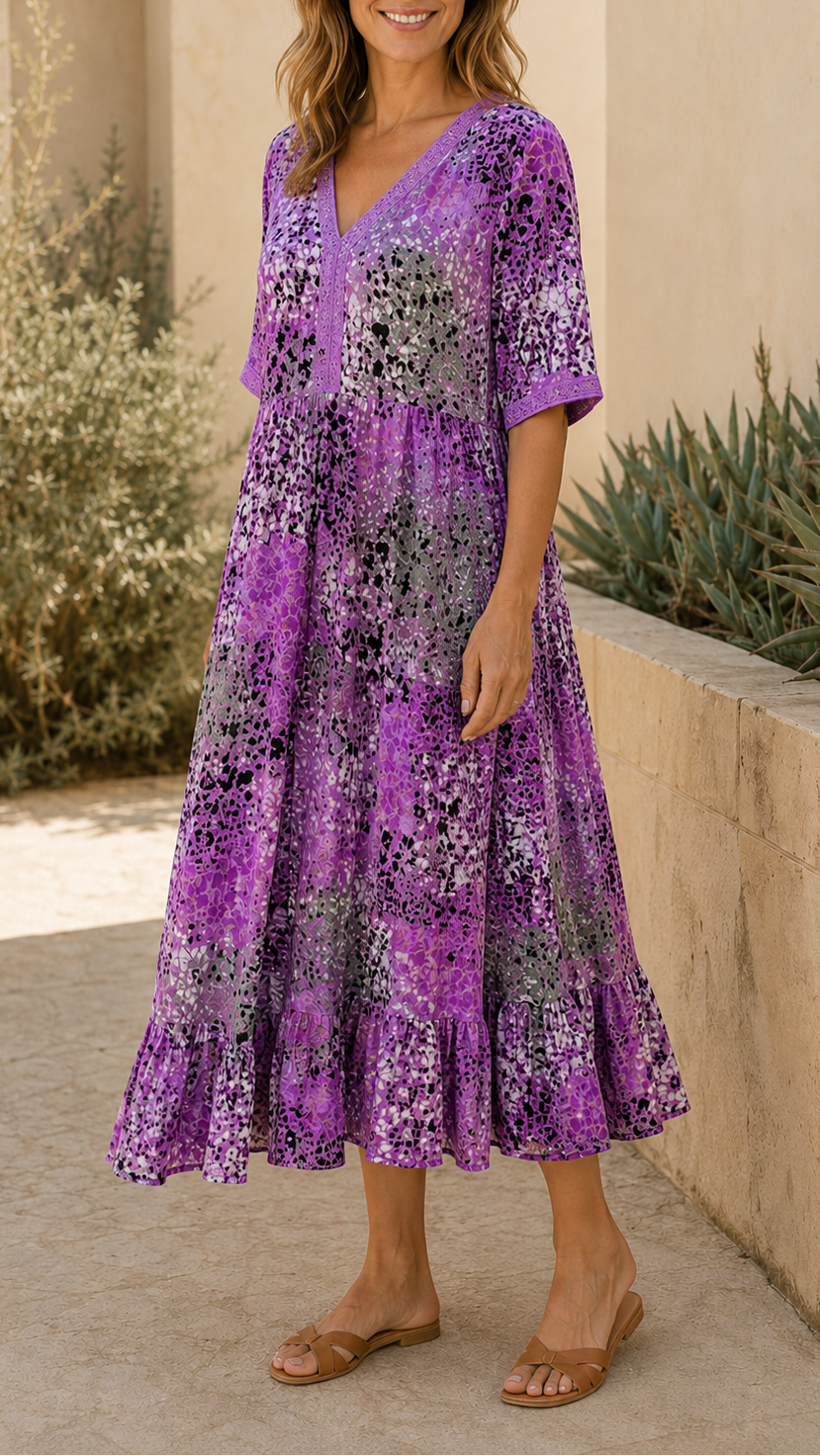 Women's Printed A Line Midi Dress | V Neck Crochet Trim Beach Dress