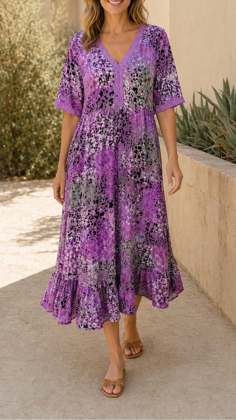 Women's Printed A Line Midi Dress | V Neck Crochet Trim Beach Dress