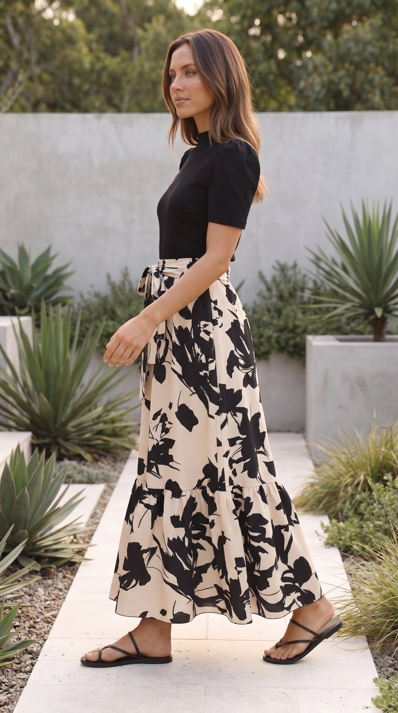 Women’s Puff Sleeve Tiered Printed Bow-Tie Waist Maxi Dress