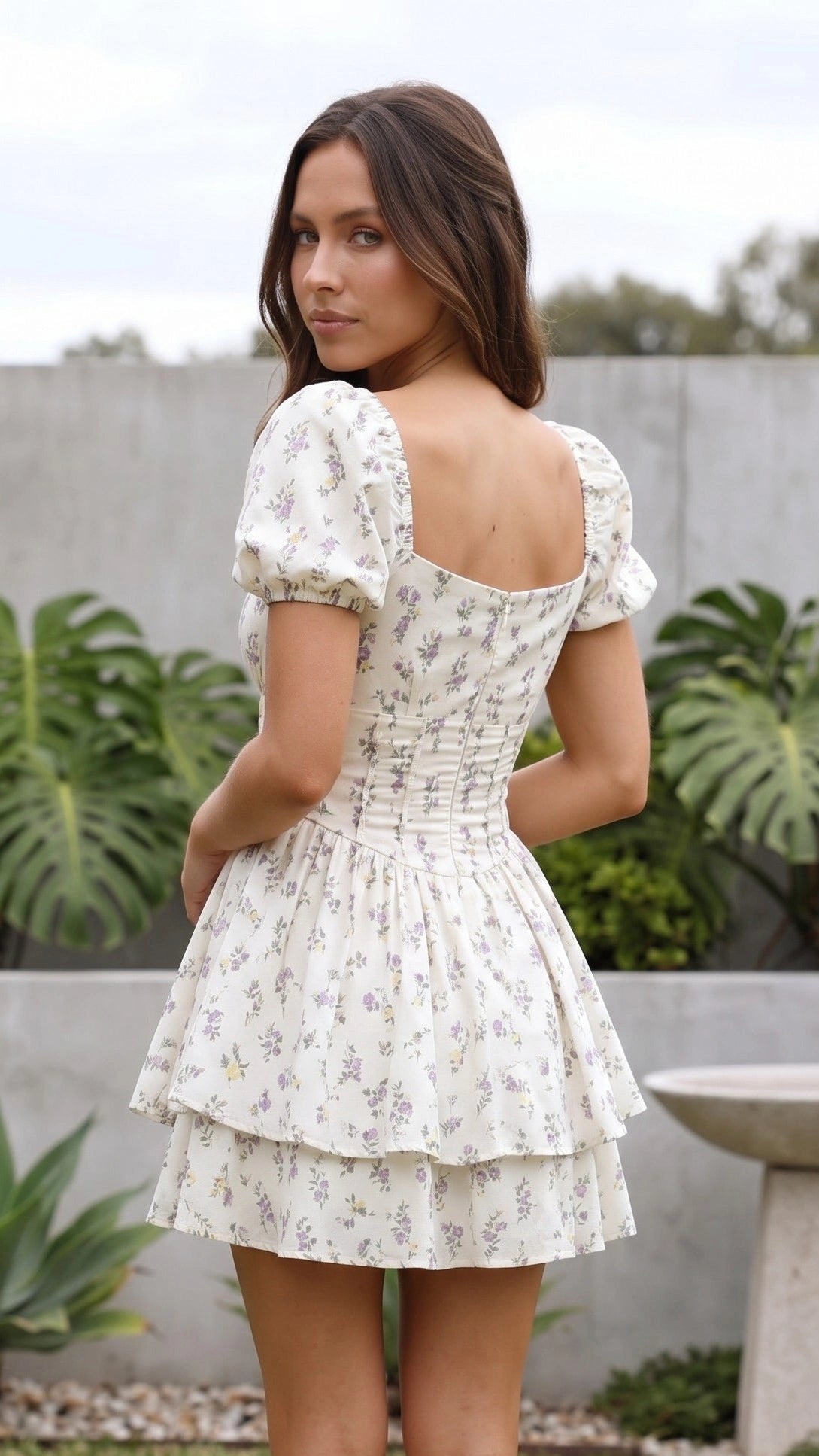 Women's Puff Sleeve Square Neck Floral Print Tiered Mini Dress
