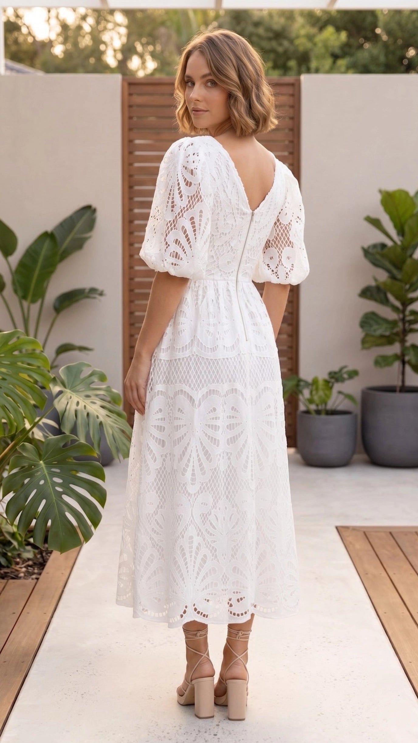 Women's Puff Sleeve V Neck Crochet Lace Midi Dress – Lume De Label
