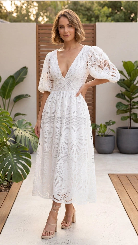 Women's Puff Sleeve V Neck Crochet Lace Midi Dress – Lume De Label