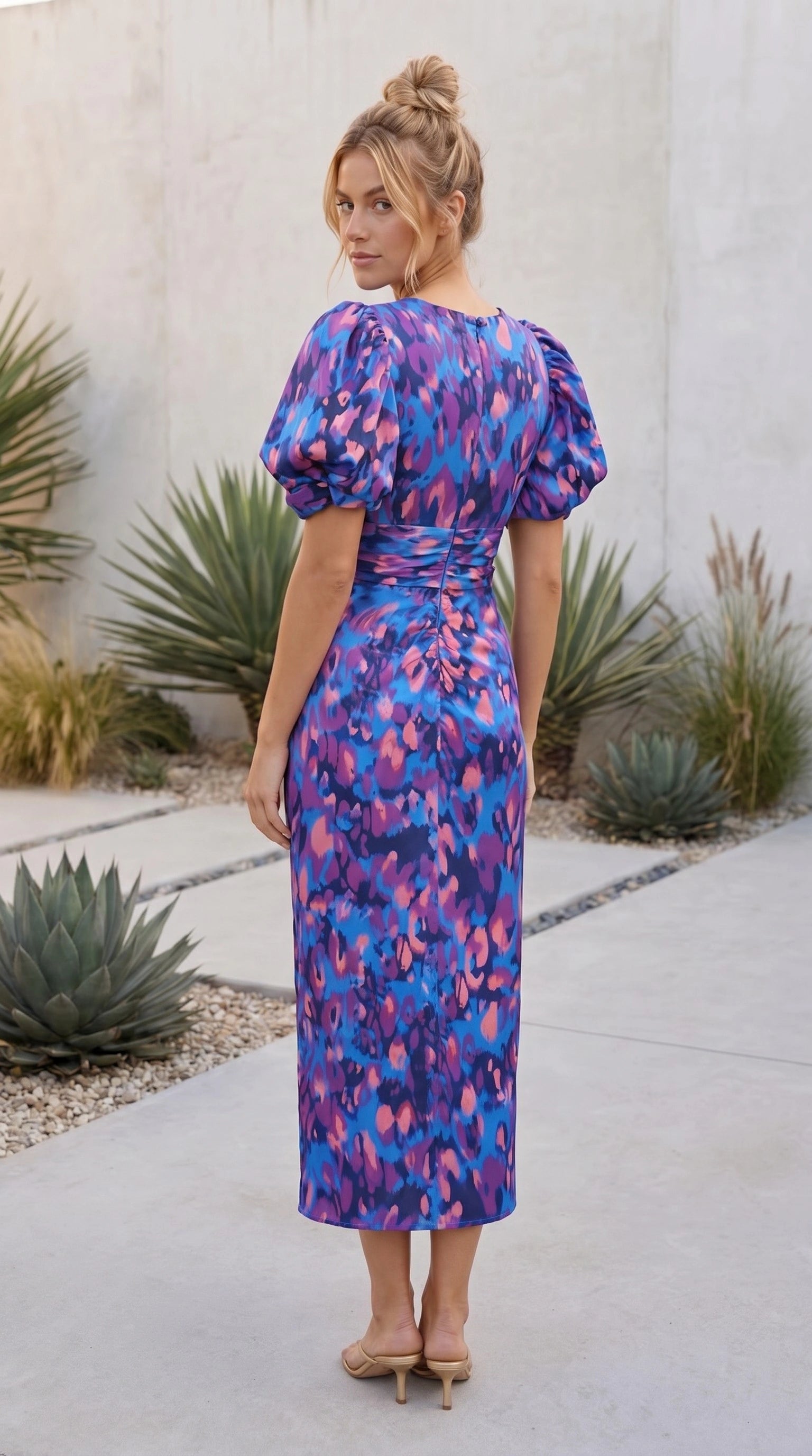 Women's Puff Sleeve V Neck Cut Out Floral Print Ruched Midi Dress
