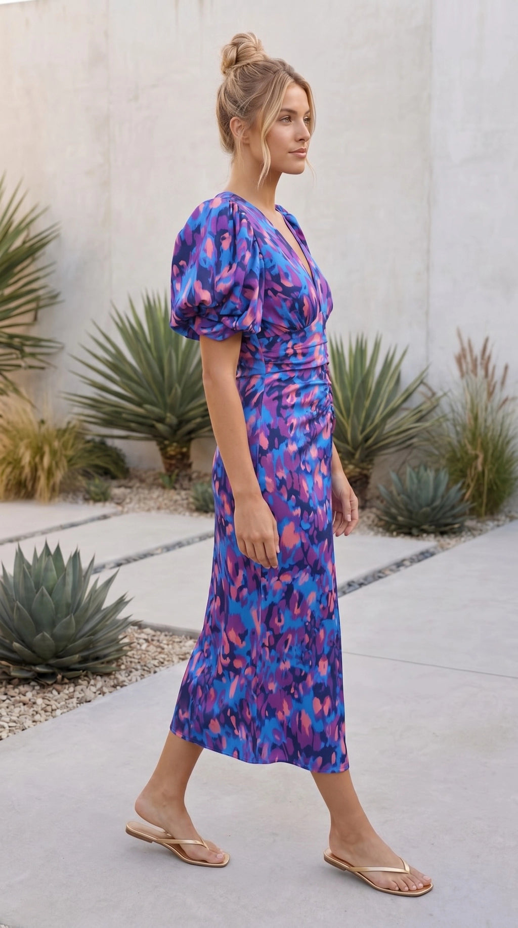 Women's Puff Sleeve V Neck Cut Out Floral Print Ruched Midi Dress