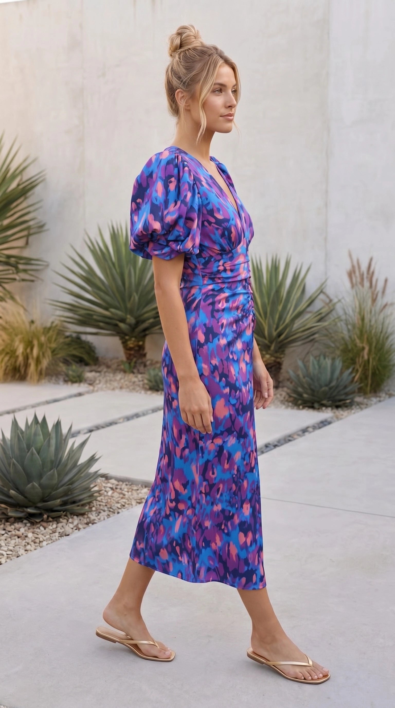 Women's Puff Sleeve V Neck Cut Out Floral Print Ruched Midi Dress