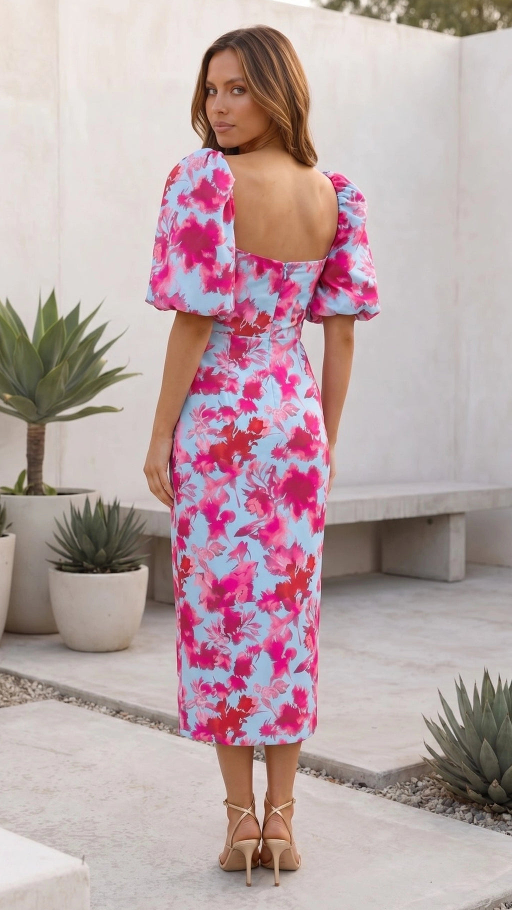 Women's Puff Sleeve V Neck Cut Out Floral Print Ruched Midi Dress