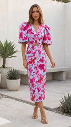 Women's Puff Sleeve V Neck Cut Out Floral Print Ruched Midi Dress