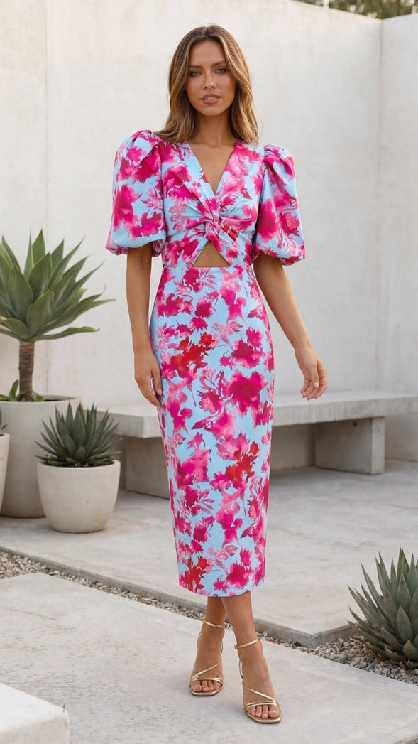 Women's Puff Sleeve V Neck Cut Out Floral Print Ruched Midi Dress