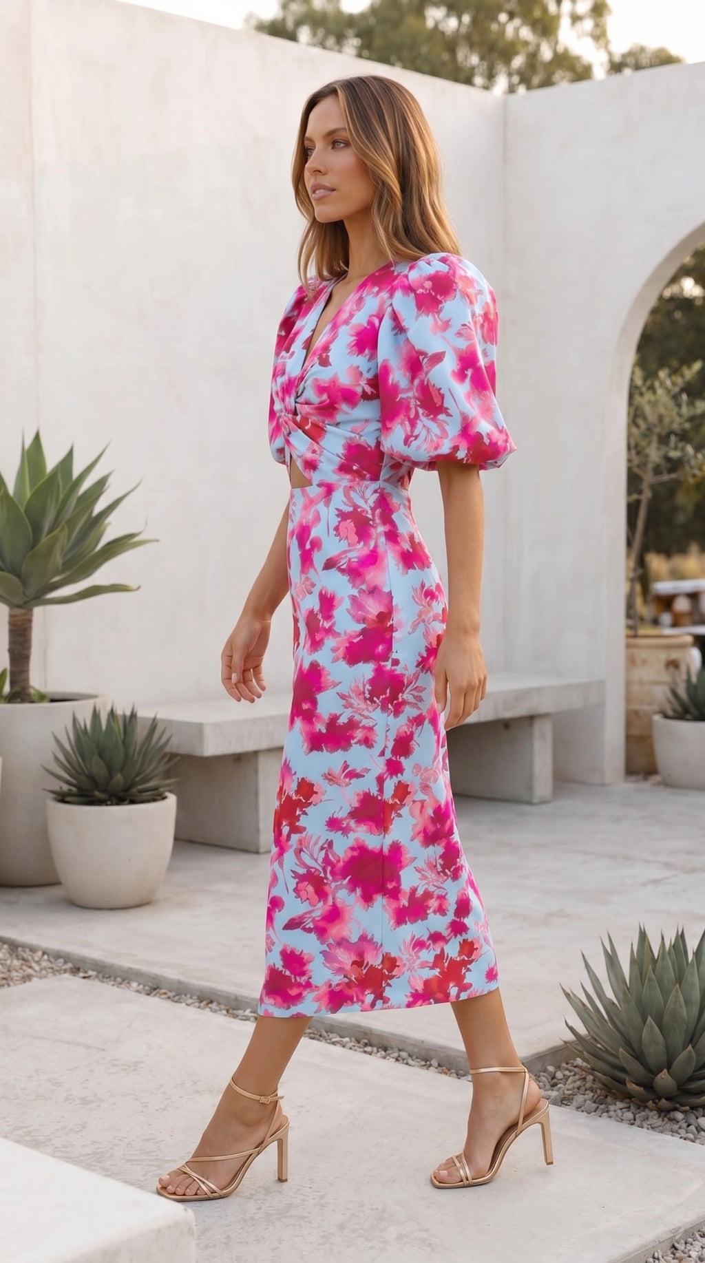 Women's Puff Sleeve V Neck Cut Out Floral Print Ruched Midi Dress