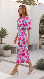 Women's Puff Sleeve V Neck Cut Out Floral Print Ruched Midi Dress