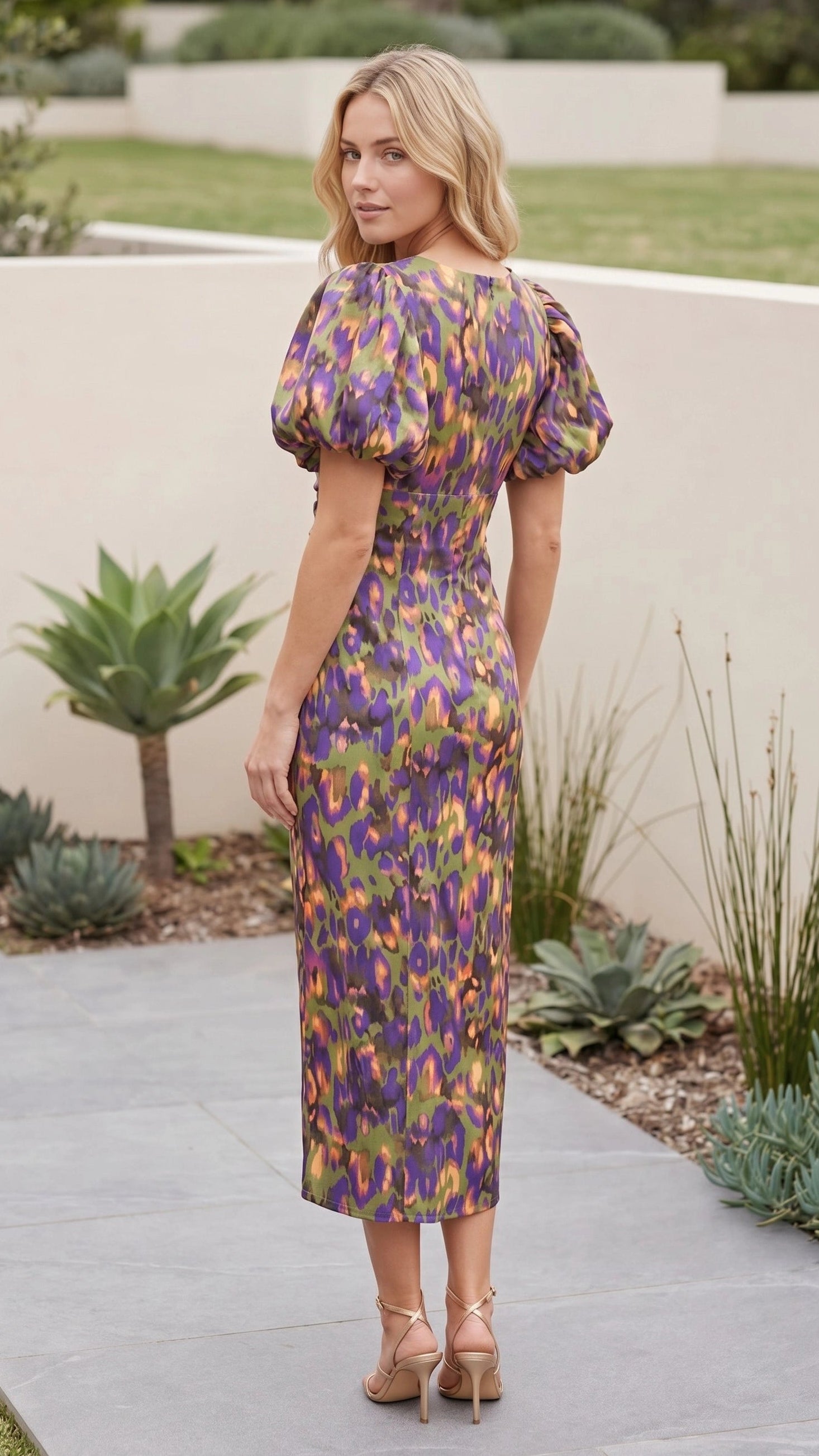 Women's Puff Sleeve V Neck Cut Out Floral Print Ruched Midi Dress