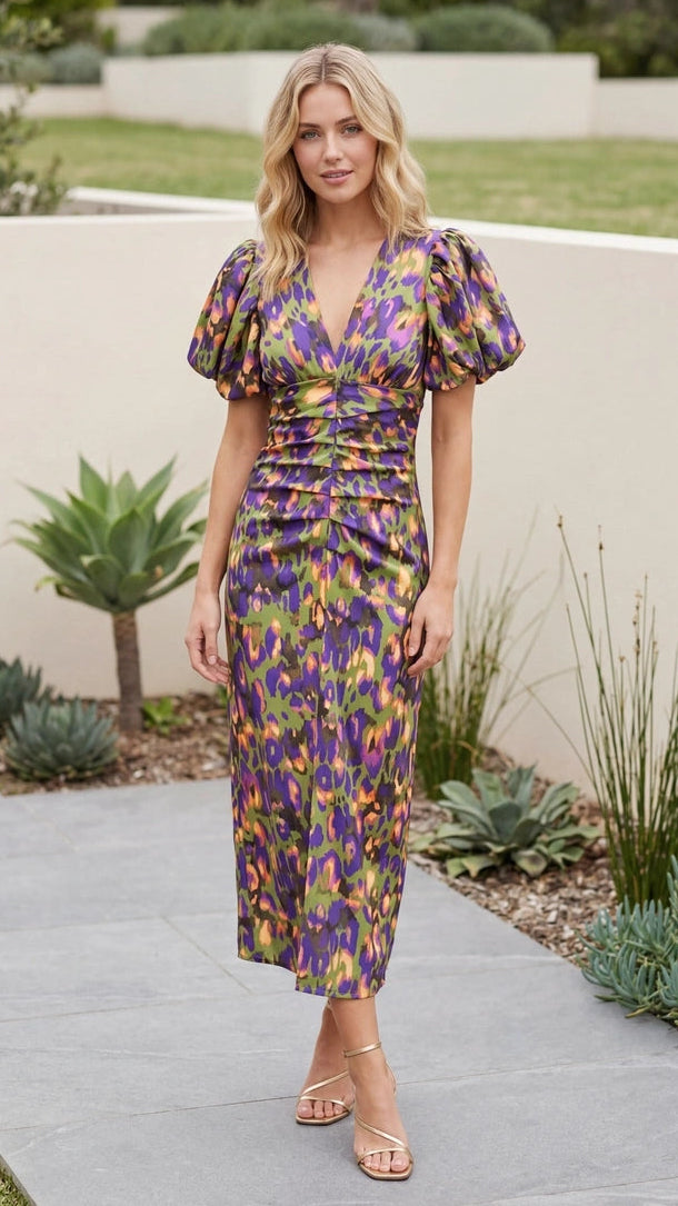 Women's Puff Sleeve V Neck Cut Out Floral Print Ruched Midi Dress