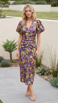Women's Puff Sleeve V Neck Cut Out Floral Print Ruched Midi Dress