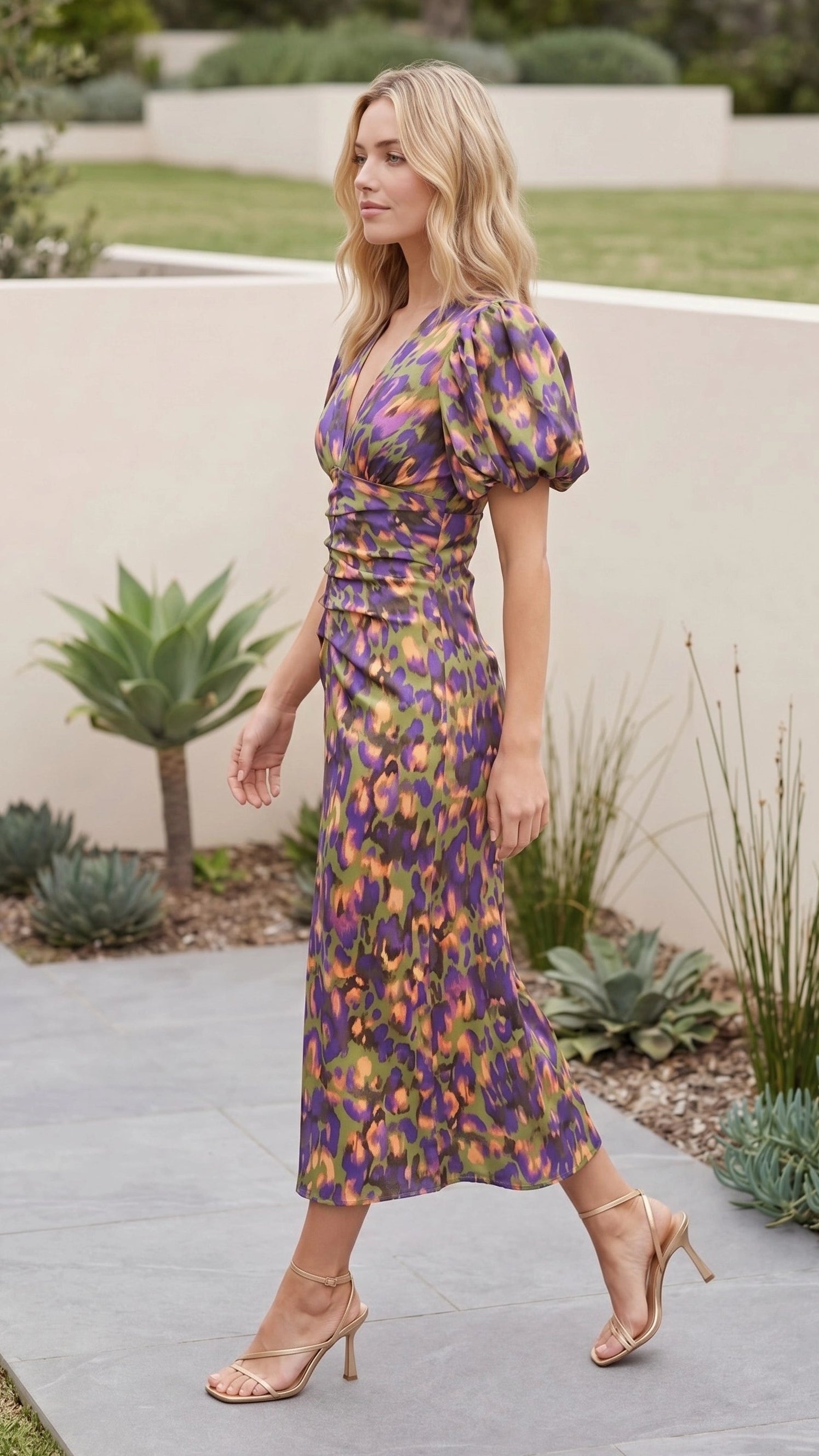 Women's Puff Sleeve V Neck Cut Out Floral Print Ruched Midi Dress