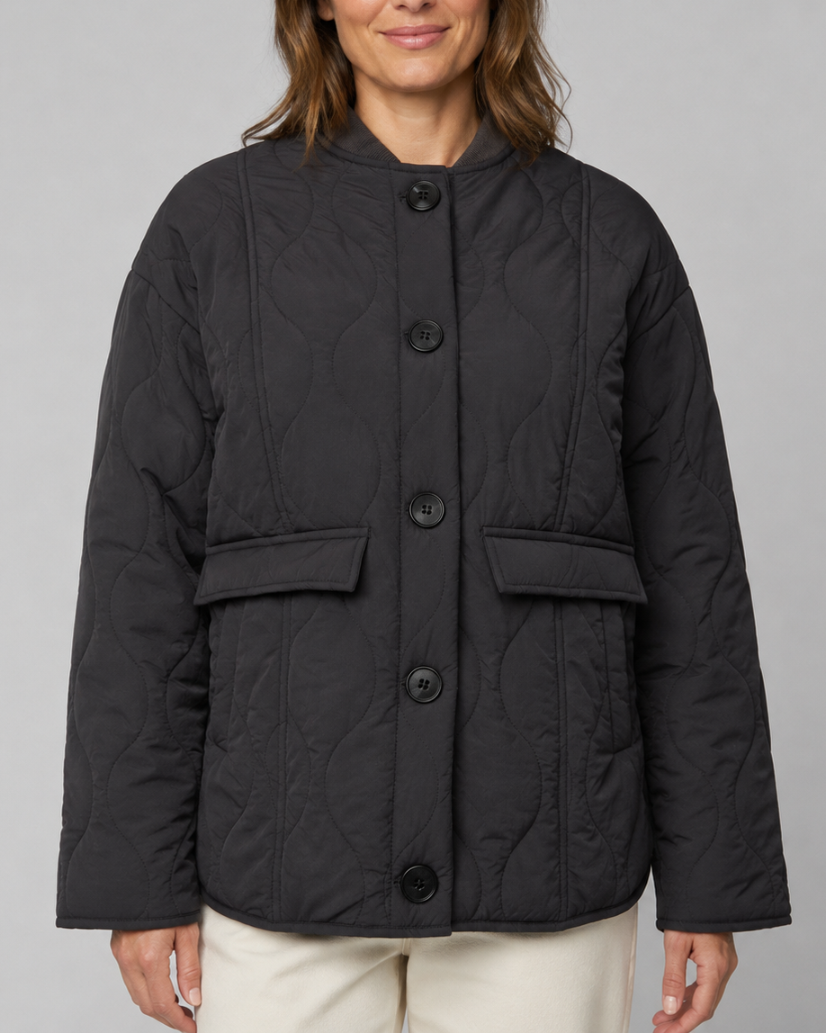 Women's Quilted Jacket | Button Front Stand Collar with Flap Pockets