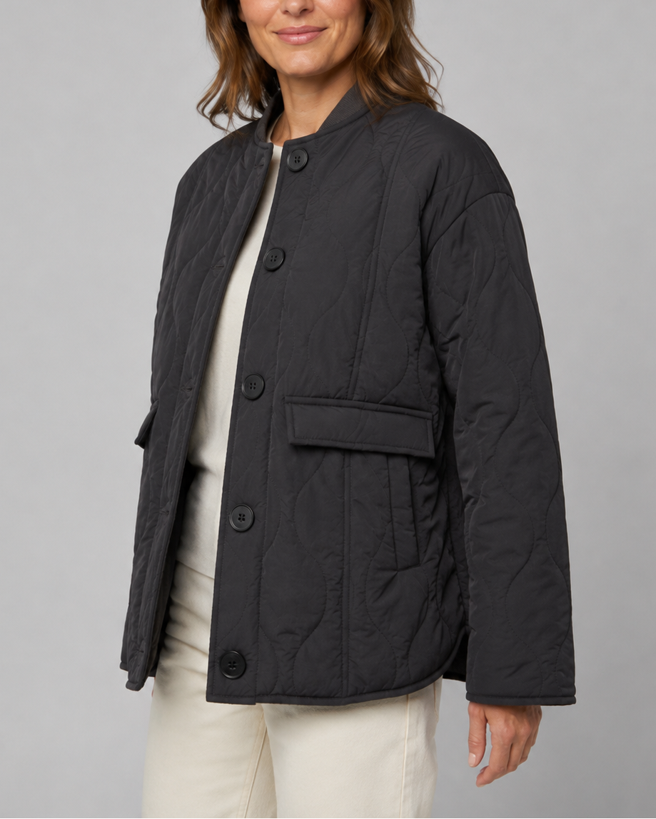 Women's Quilted Jacket | Button Front Stand Collar with Flap Pockets
