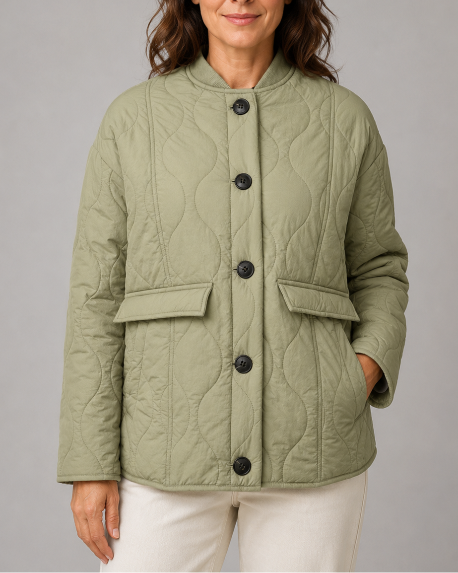 Women's Quilted Jacket | Button Front Stand Collar with Flap Pockets