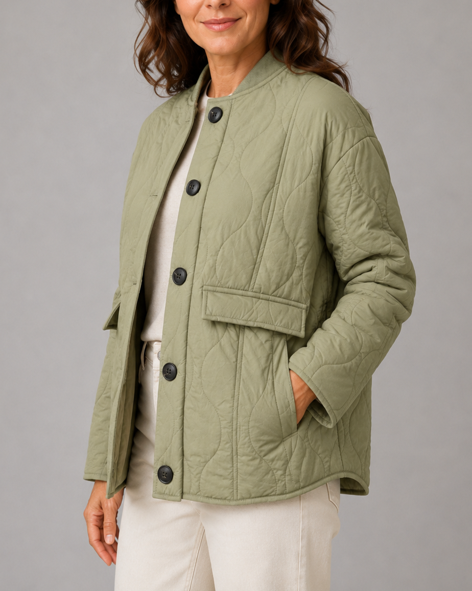Women's Quilted Jacket | Button Front Stand Collar with Flap Pockets