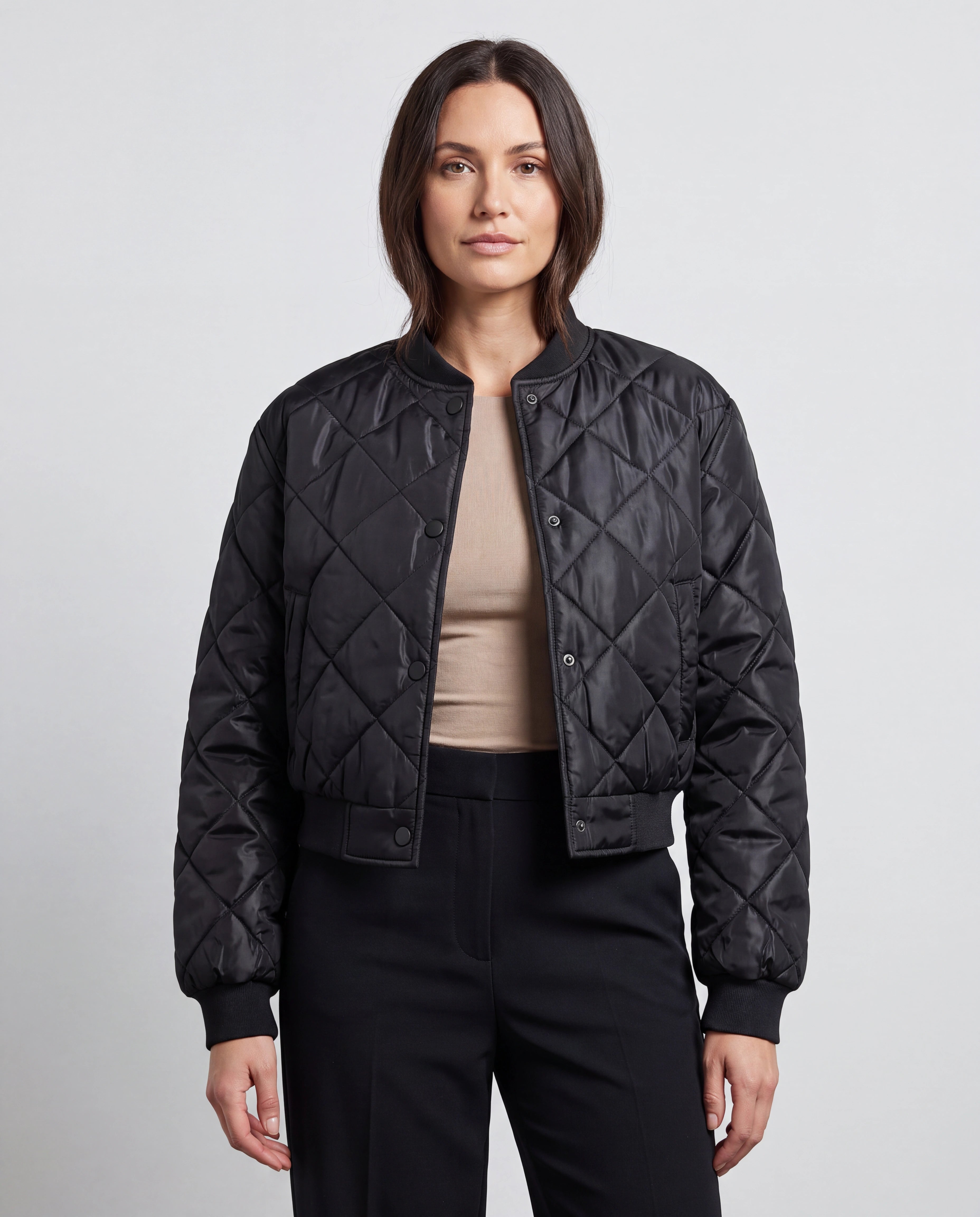 Women's Quilted Button Up Bomber Jacket with Pockets