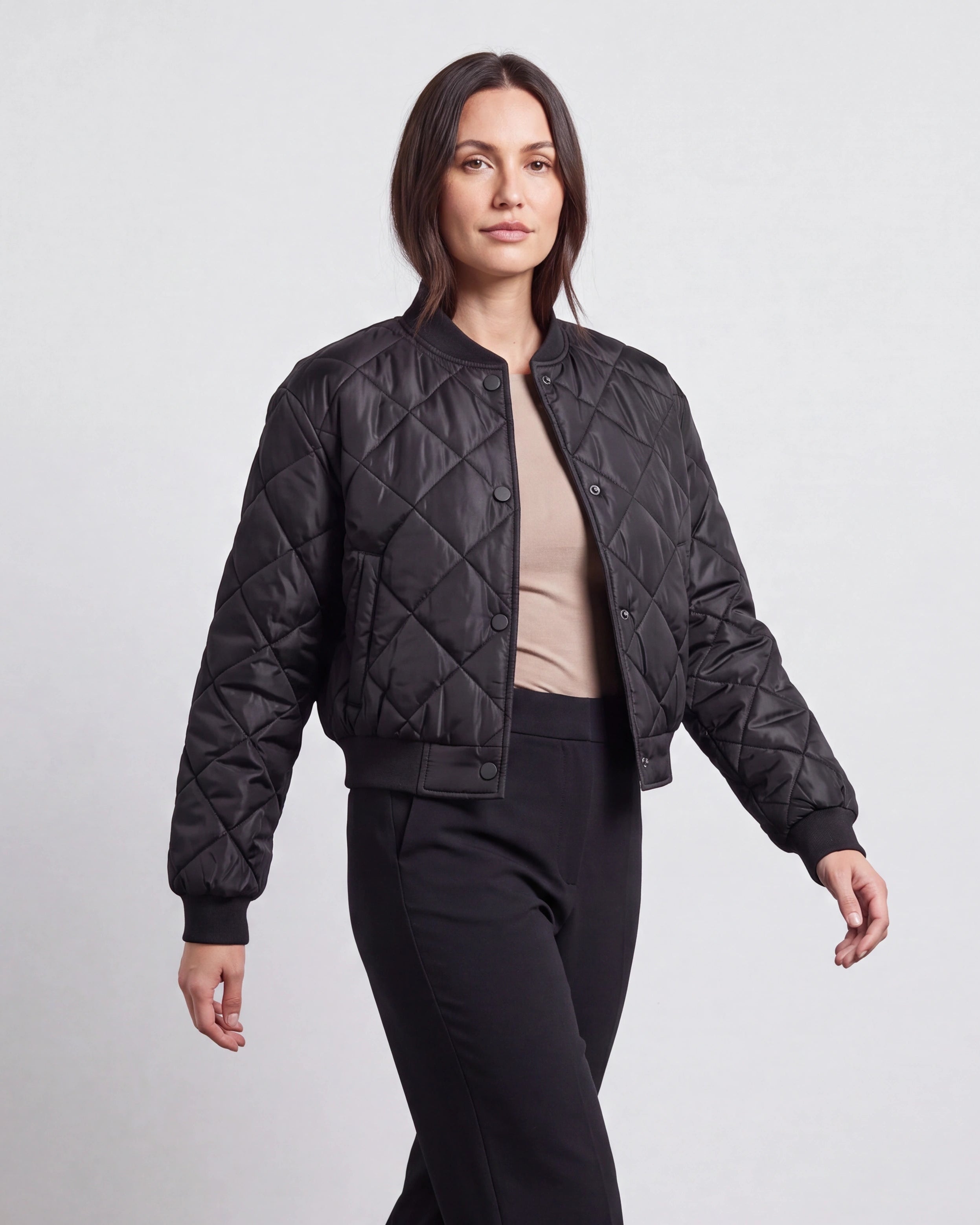 Women's Quilted Button Up Bomber Jacket with Pockets