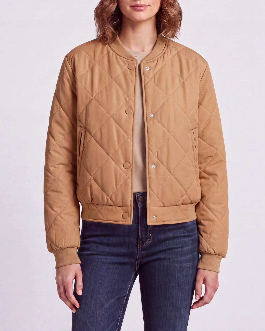 Women's Quilted Button Up Bomber Jacket with Pockets