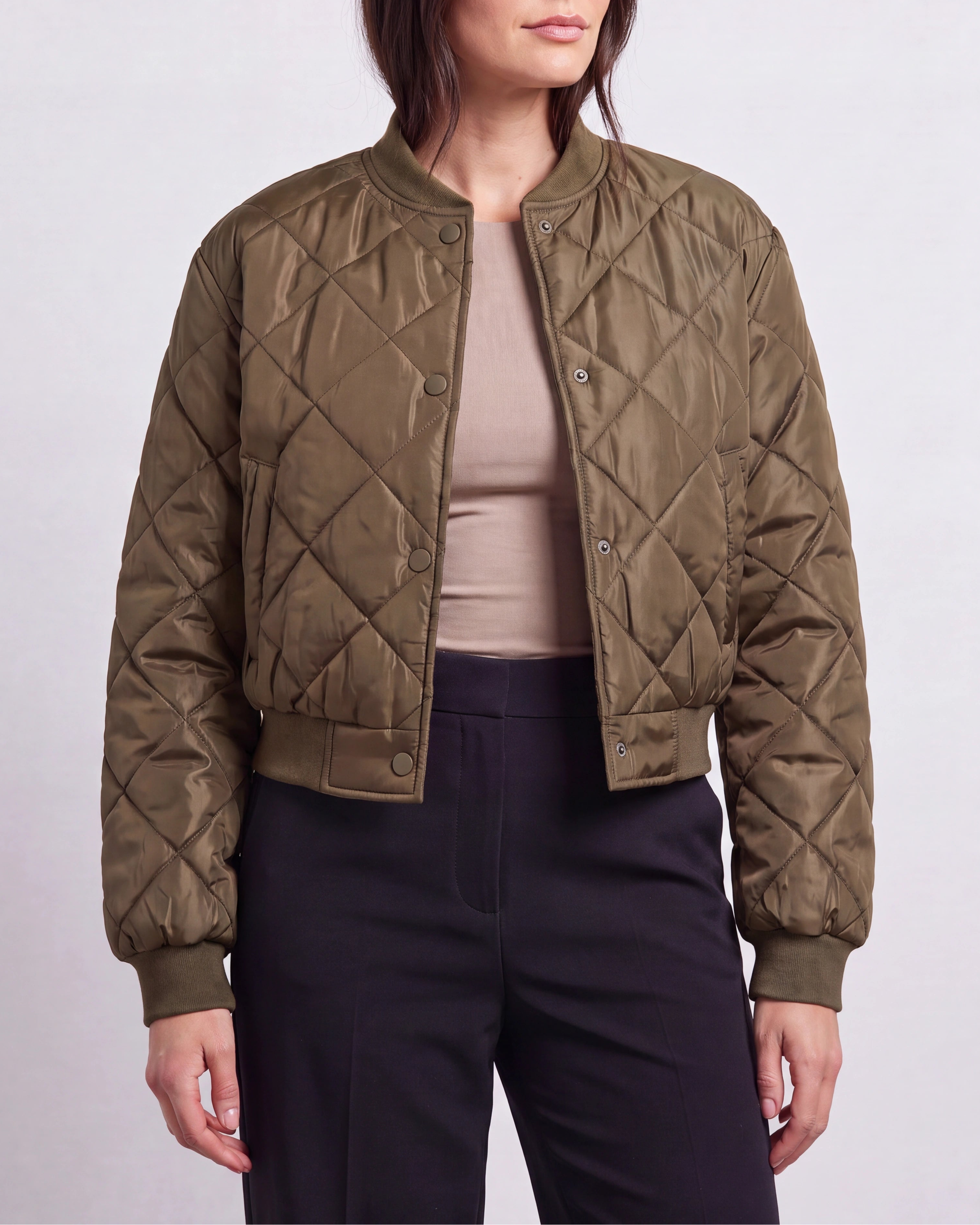 Women's Quilted Button Up Bomber Jacket with Pockets