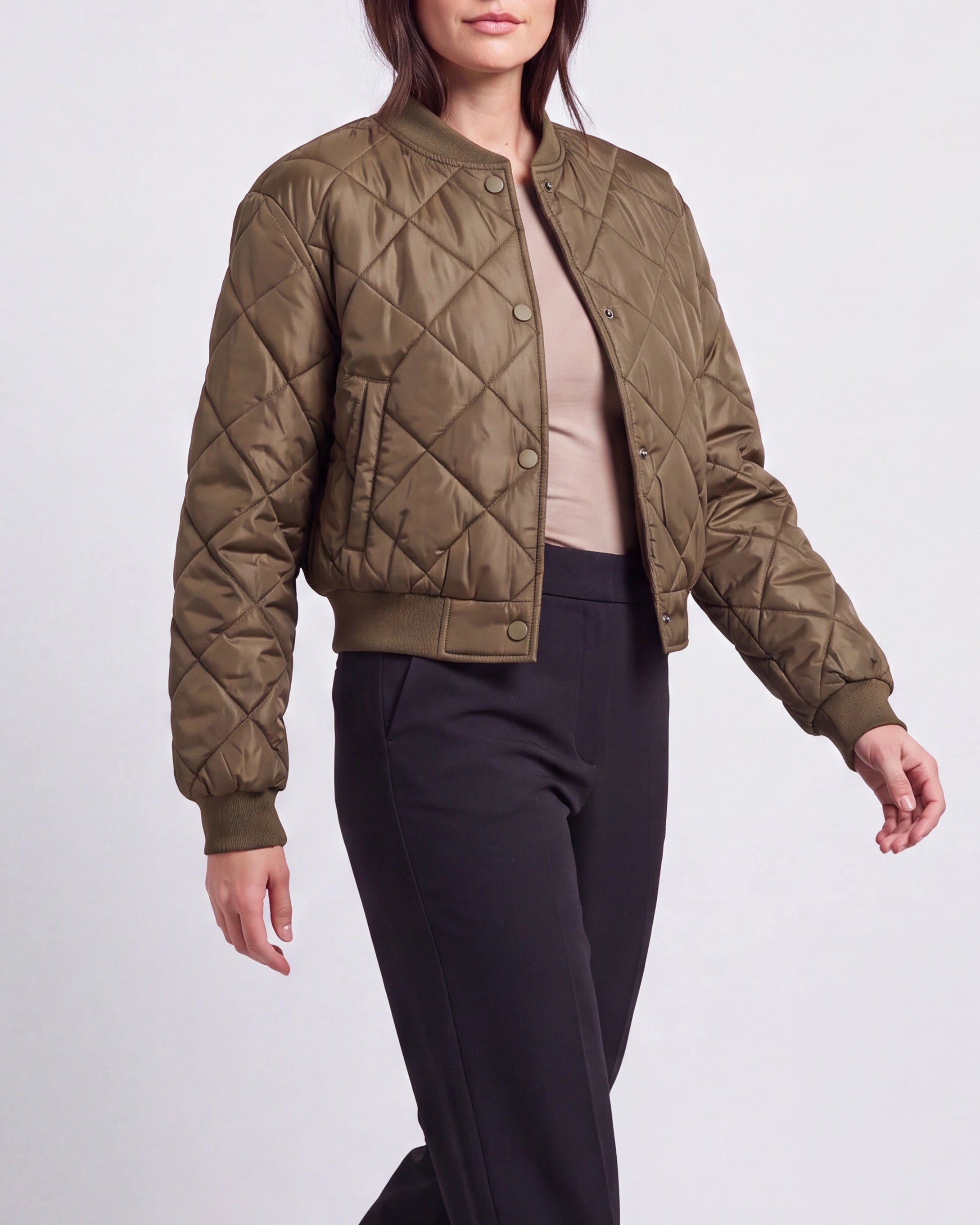 Women's Quilted Button Up Bomber Jacket with Pockets