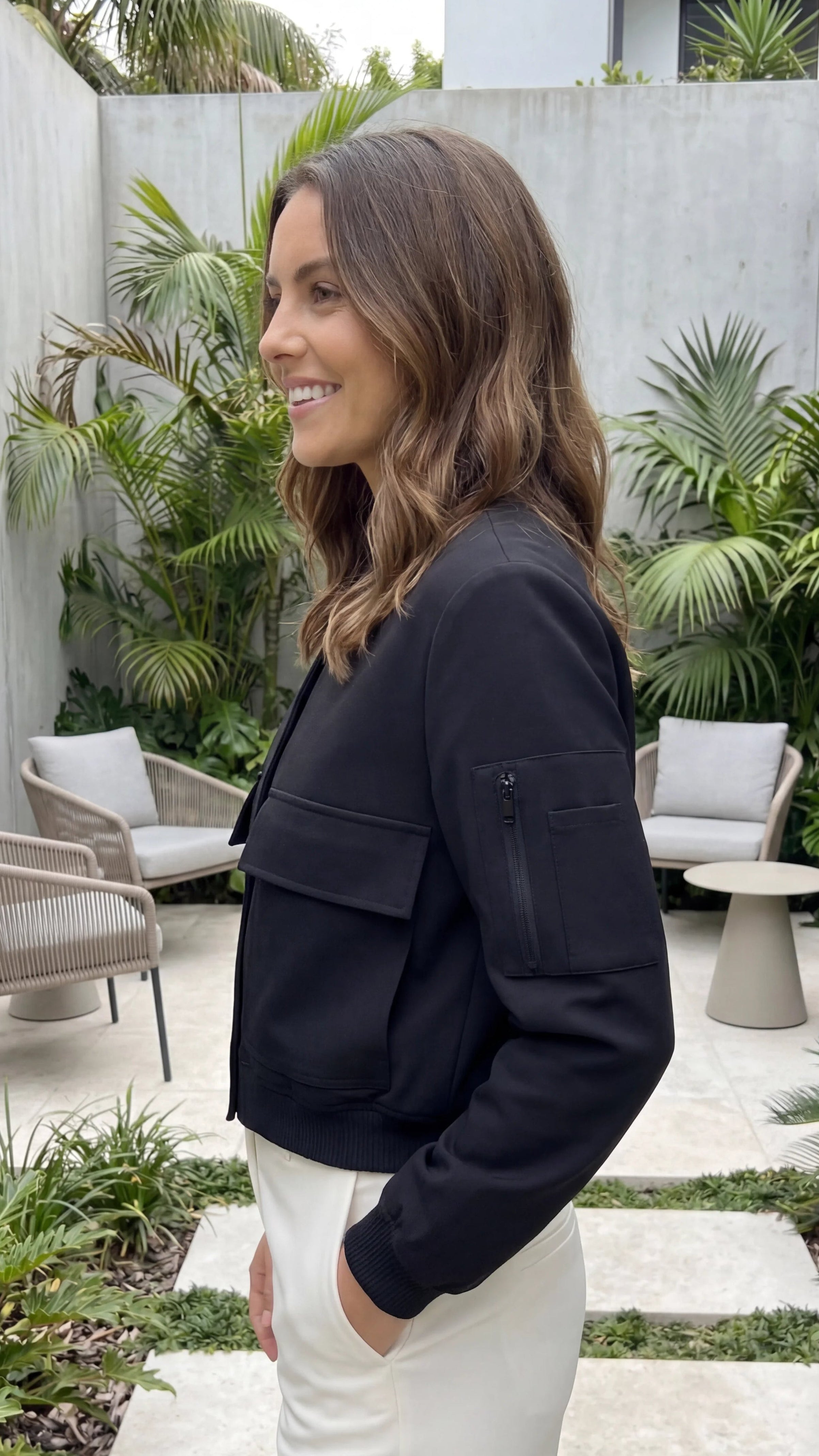 Women's Button Front Bomber Jacket With Front Pockets
