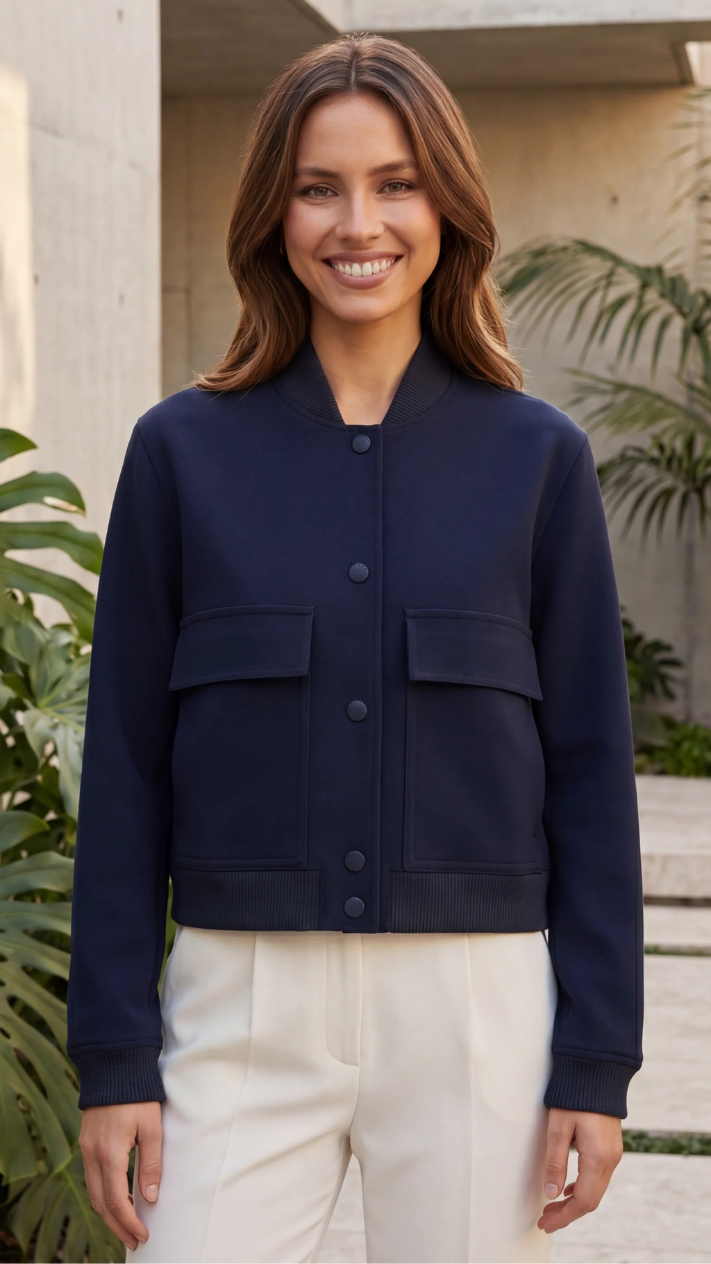 Women's Button Front Bomber Jacket With Front Pockets