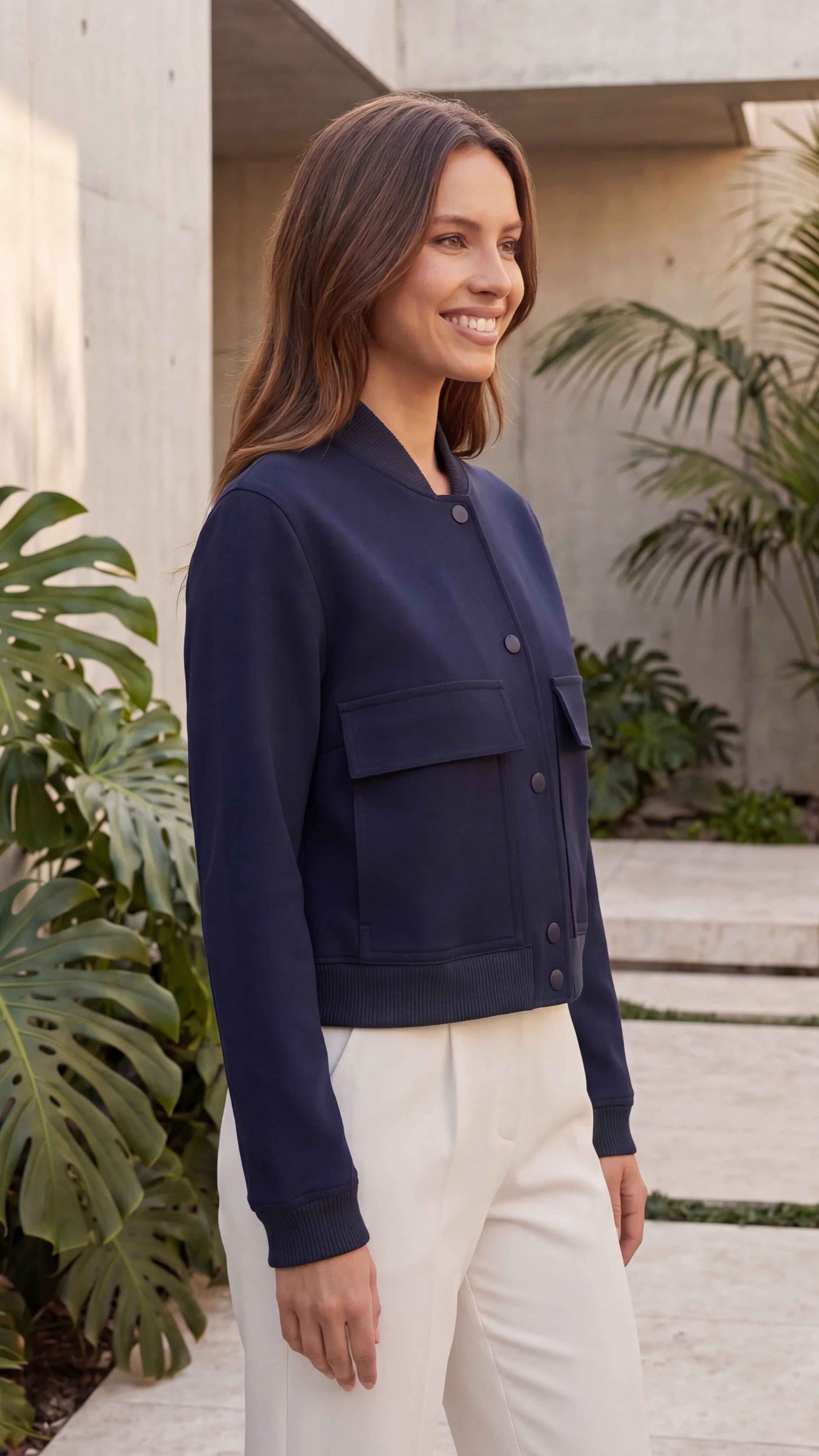 Women's Button Front Bomber Jacket With Front Pockets