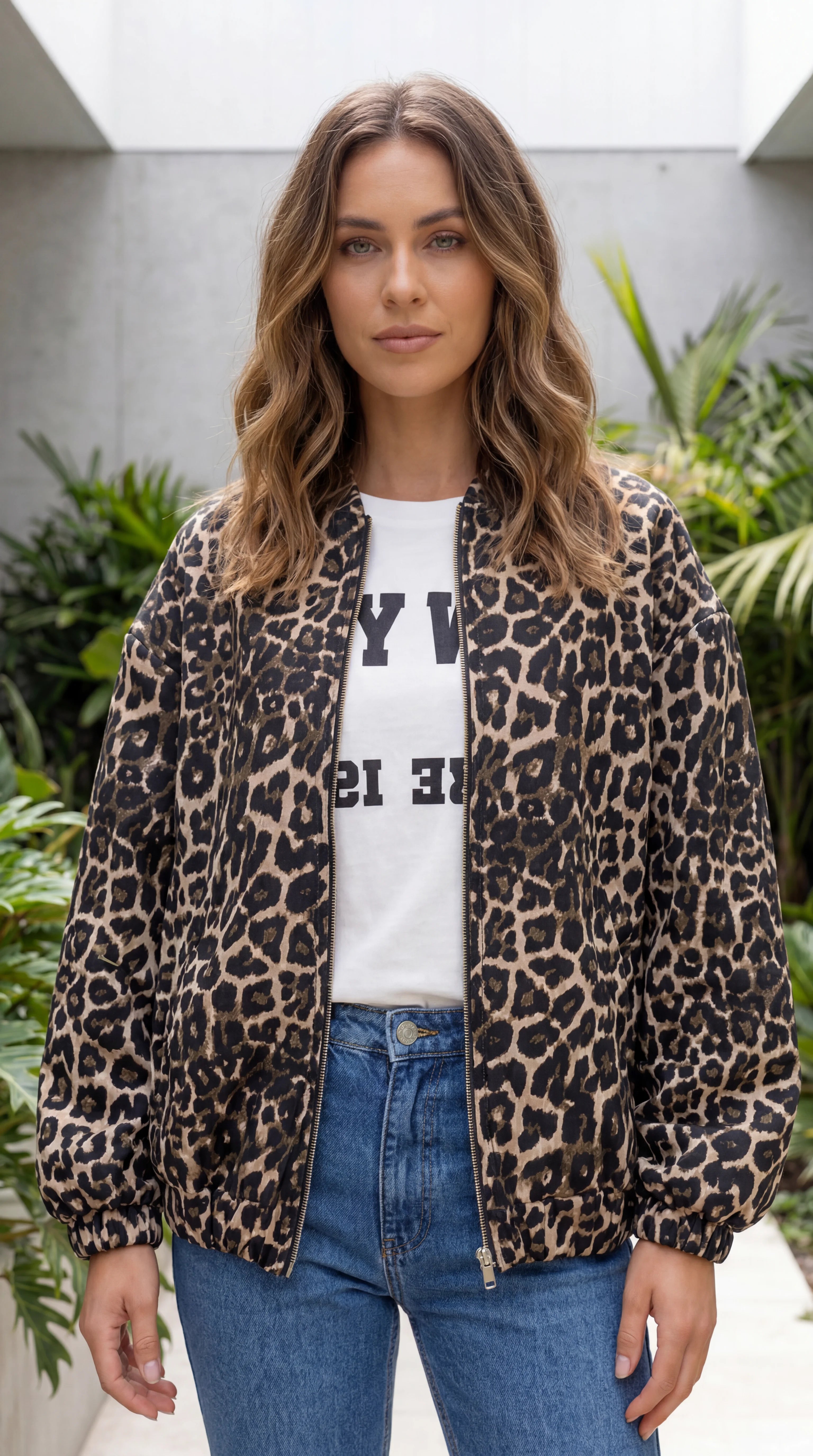 Women's Ribbed Collar Zip Front Leopard Print Bomber Jacket