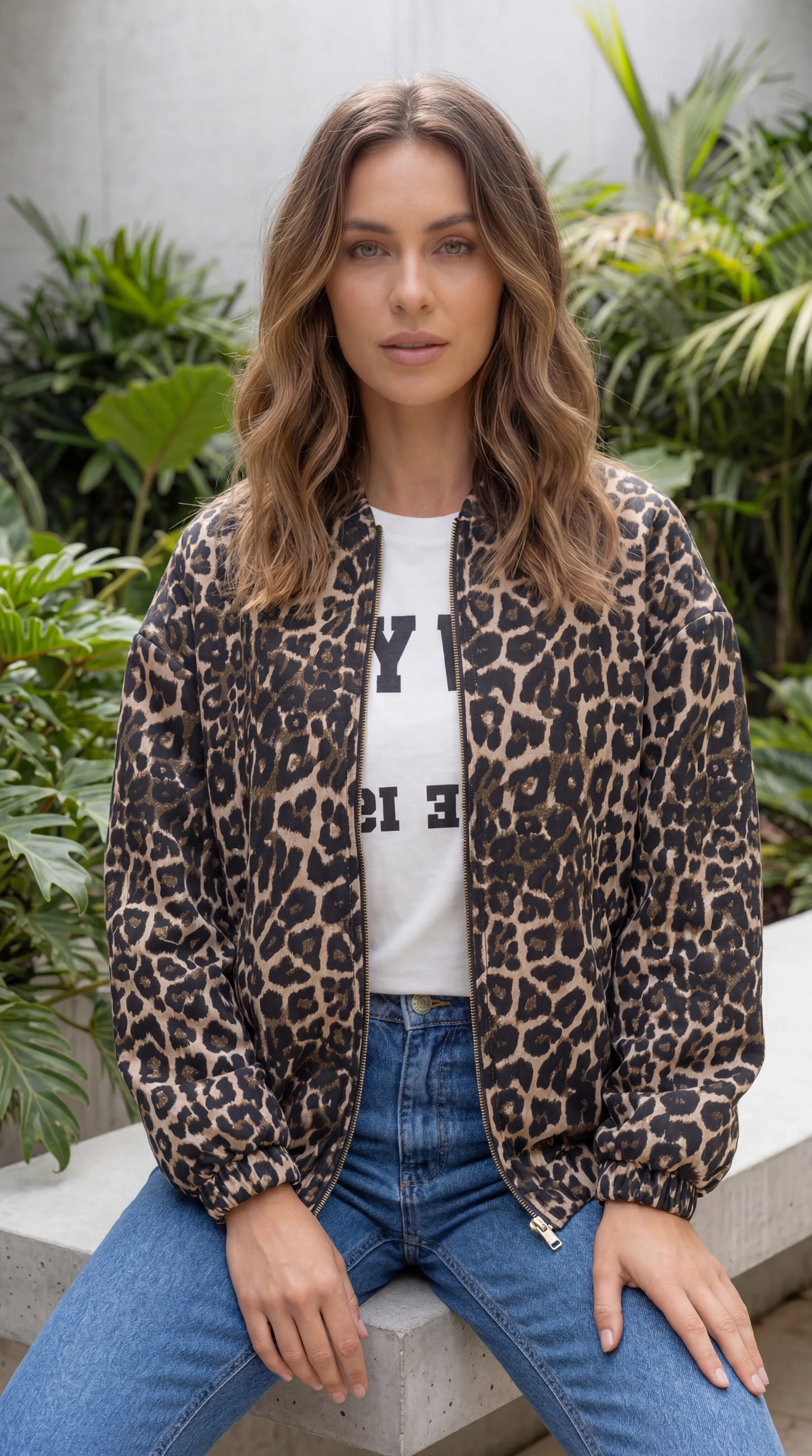 Women's Ribbed Collar Zip Front Leopard Print Bomber Jacket