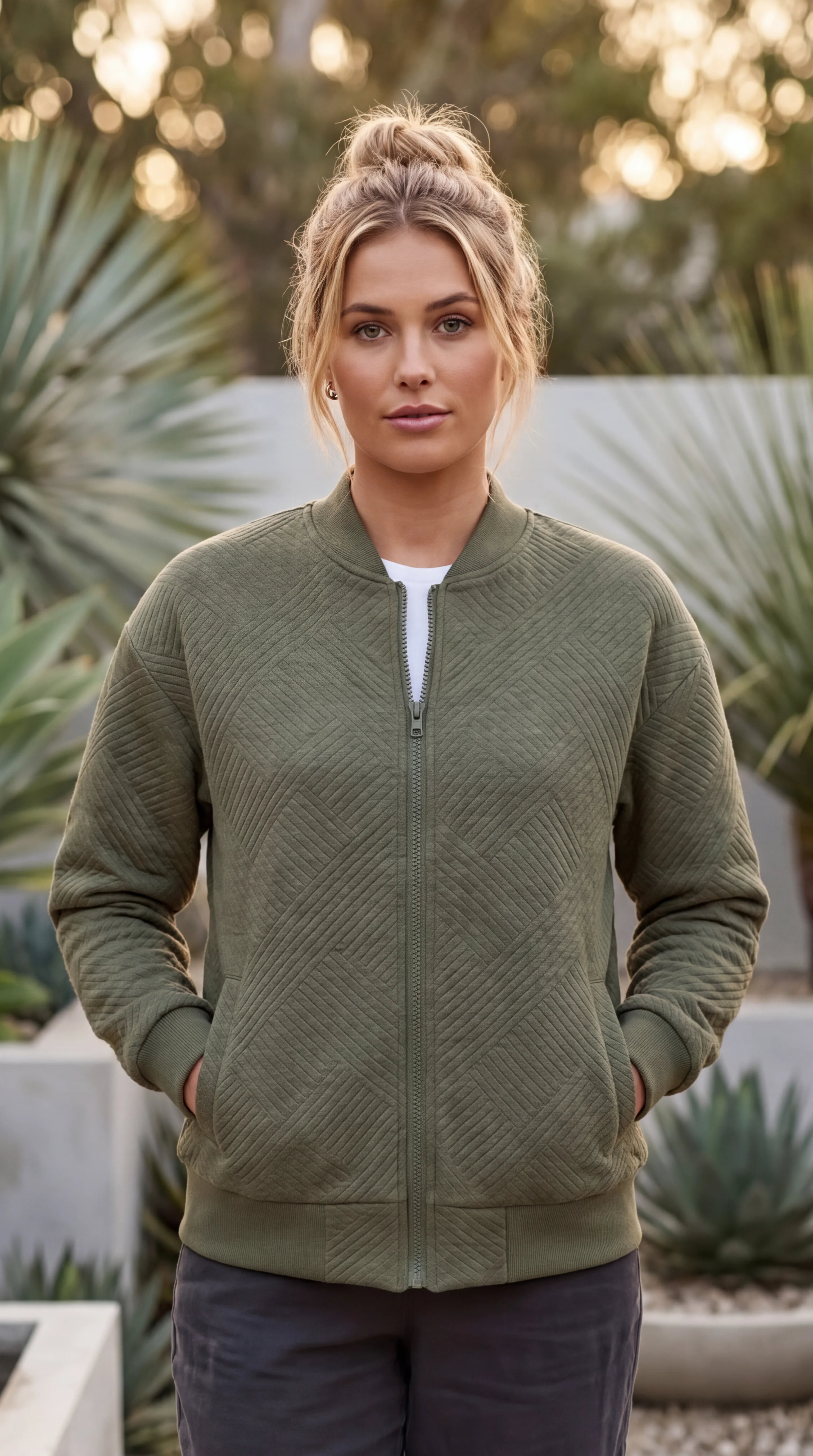 Women's Textured Quilted Zip Front Bomber Jacket