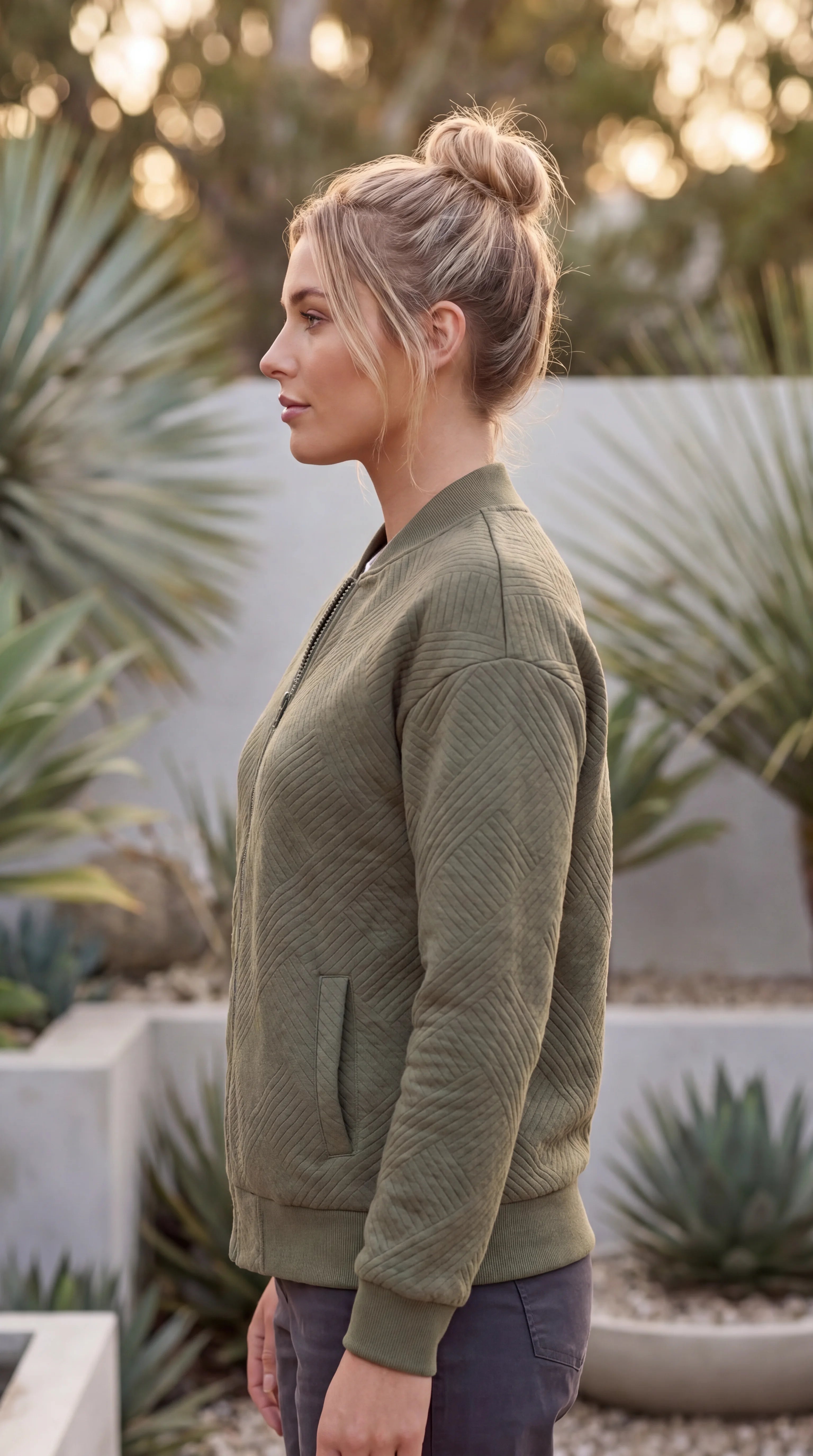 Women's Textured Quilted Zip Front Bomber Jacket