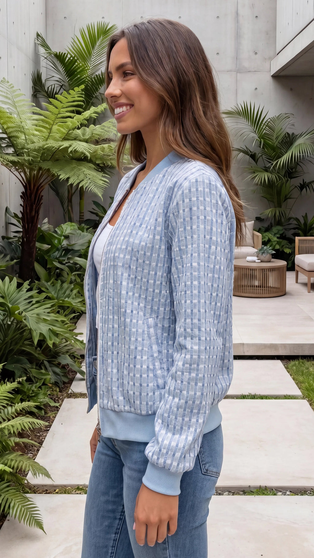 Women's Zip Front Textured Check Bomber Jacket