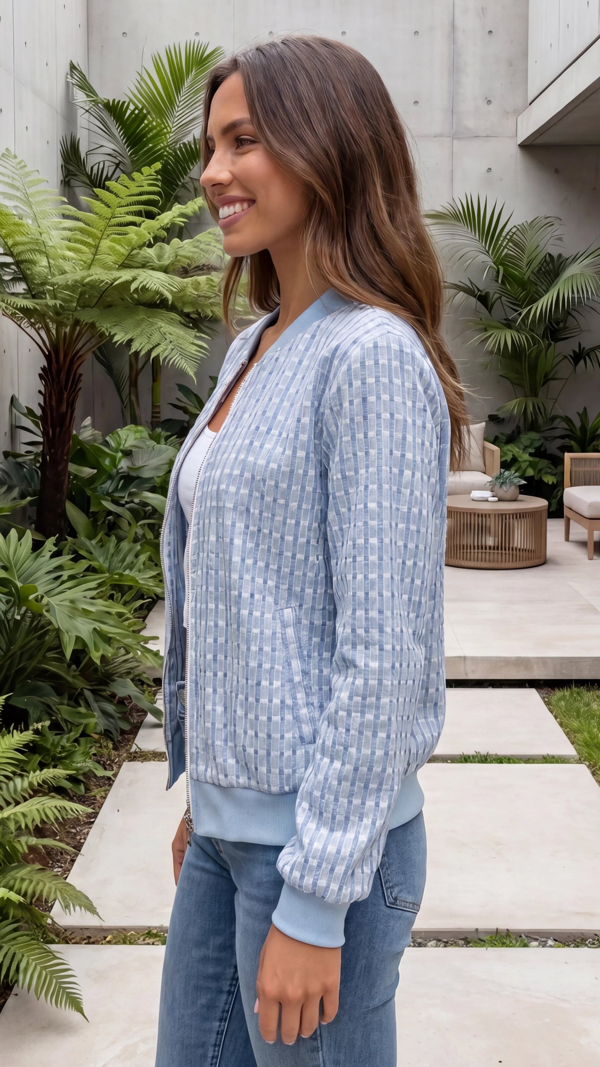 Women's Zip Front Textured Check Bomber Jacket