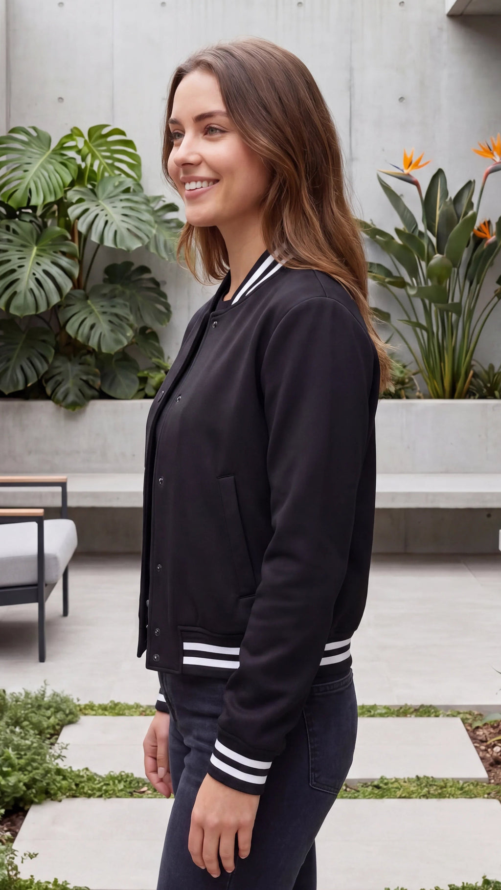 Women's Button Front Varsity Bomber Jacket with Pockets