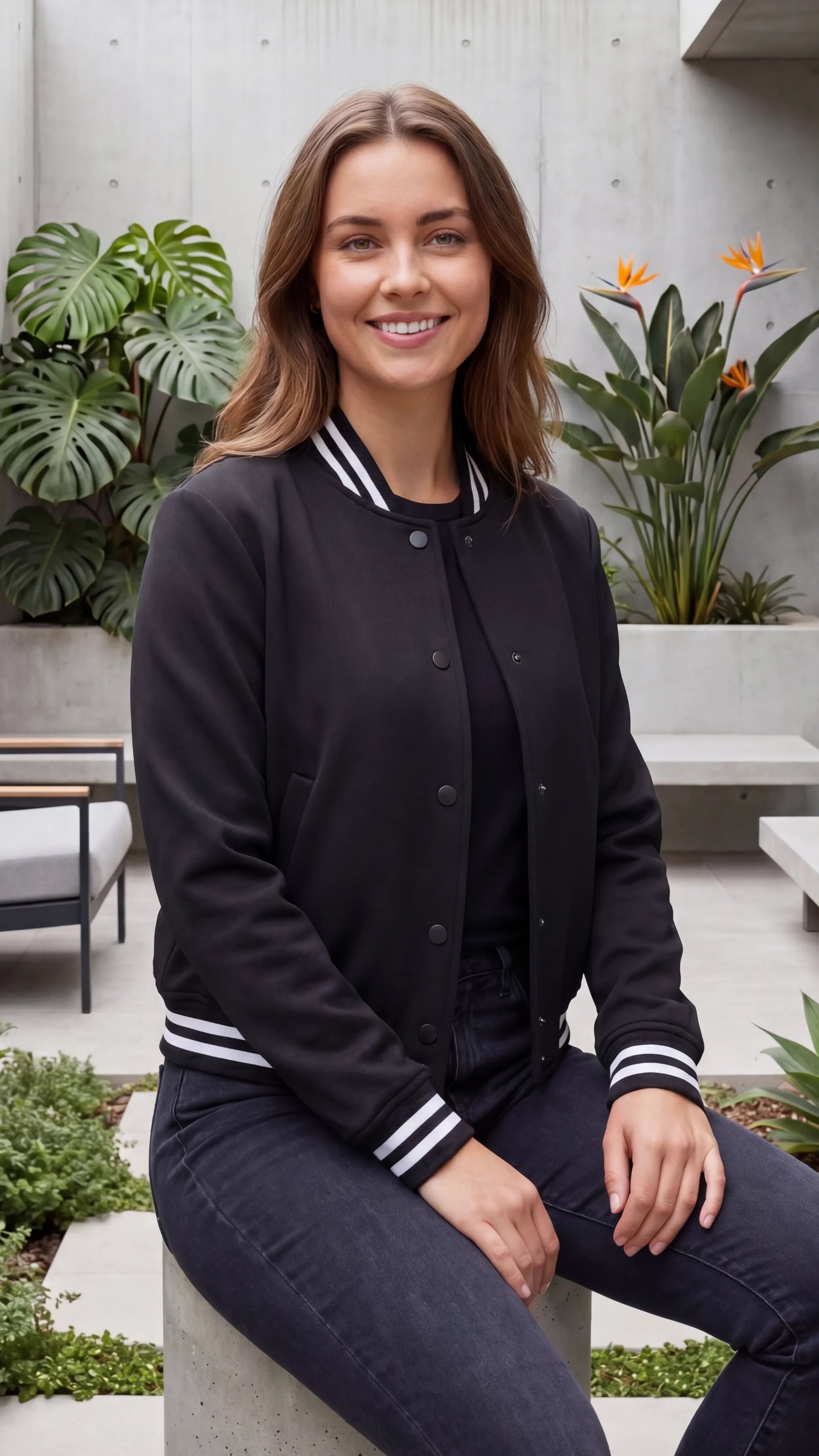 Women's Button Front Varsity Bomber Jacket with Pockets
