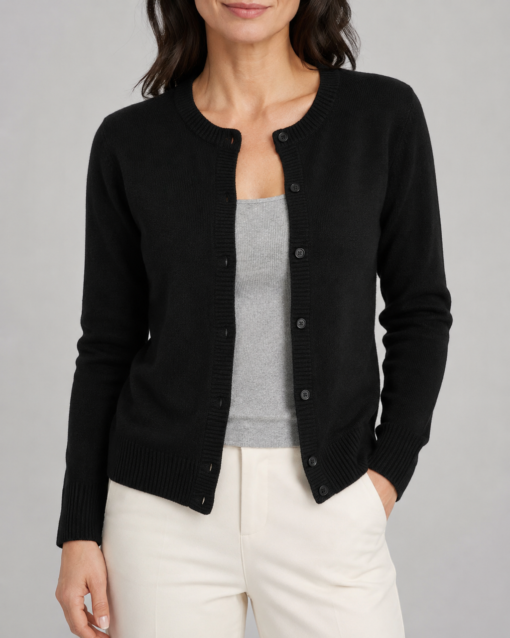 Women's Cropped Knit Cardigan | Round Neck Button Front