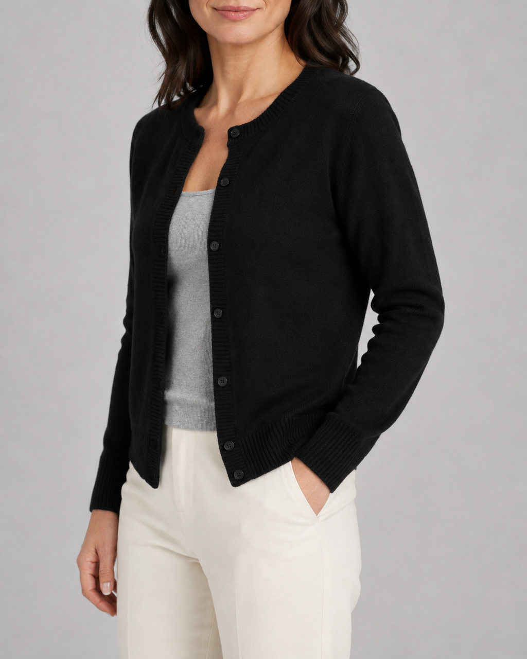 Women's Cropped Knit Cardigan | Round Neck Button Front