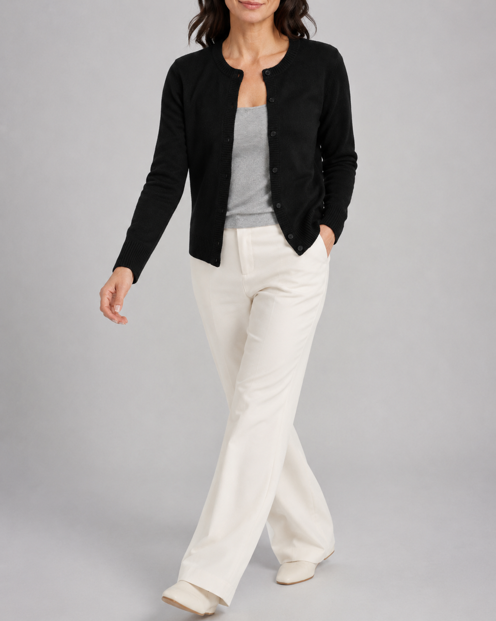 Women's Cropped Knit Cardigan | Round Neck Button Front