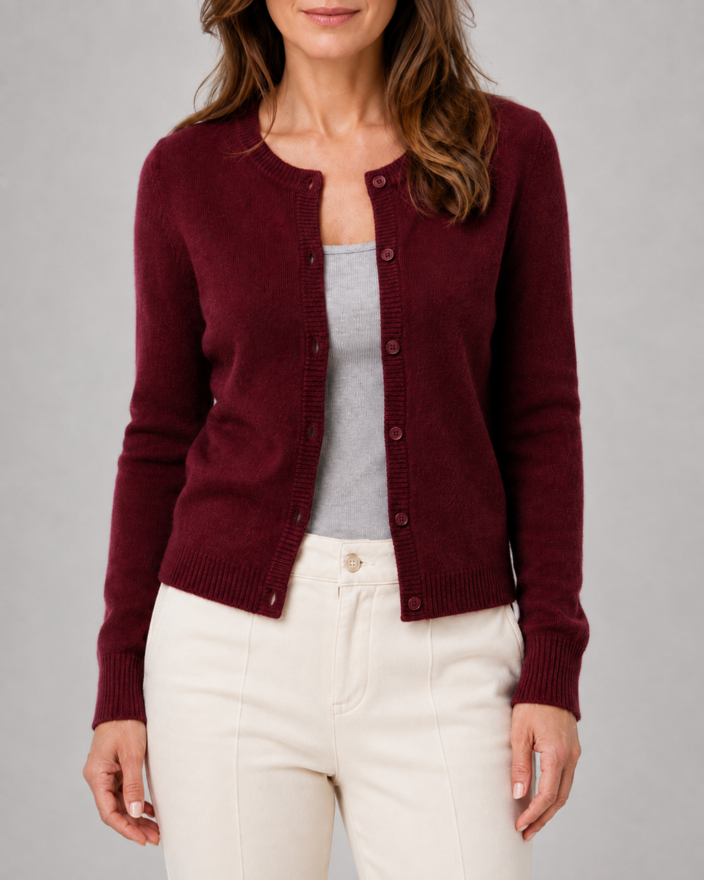 Women's Cropped Knit Cardigan | Round Neck Button Front
